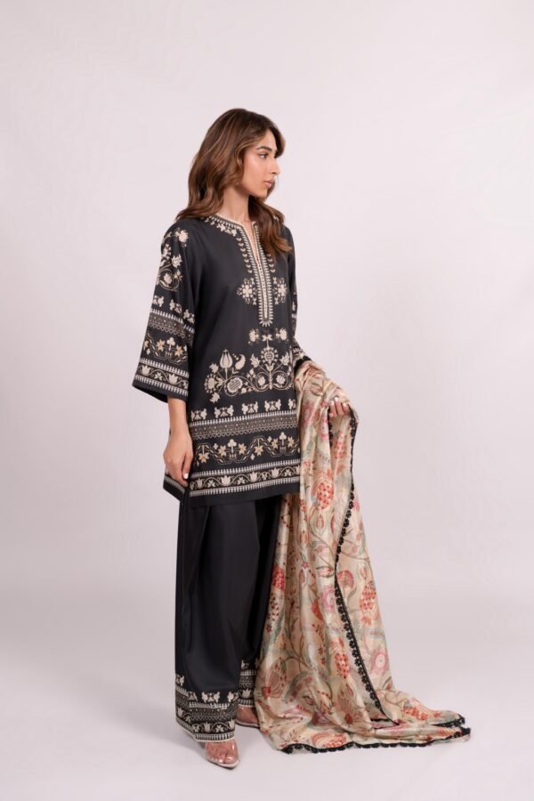 Elegant Embroidered Cotton Satin Co-ord Set with Mint Silk Scarf