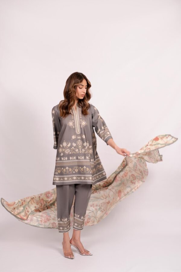 Elegant Embroidered Cotton Satin Co-ord Set with Mint Silk Scarf
