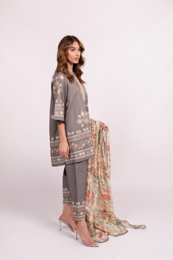 Elegant Embroidered Cotton Satin Co-ord Set with Mint Silk Scarf