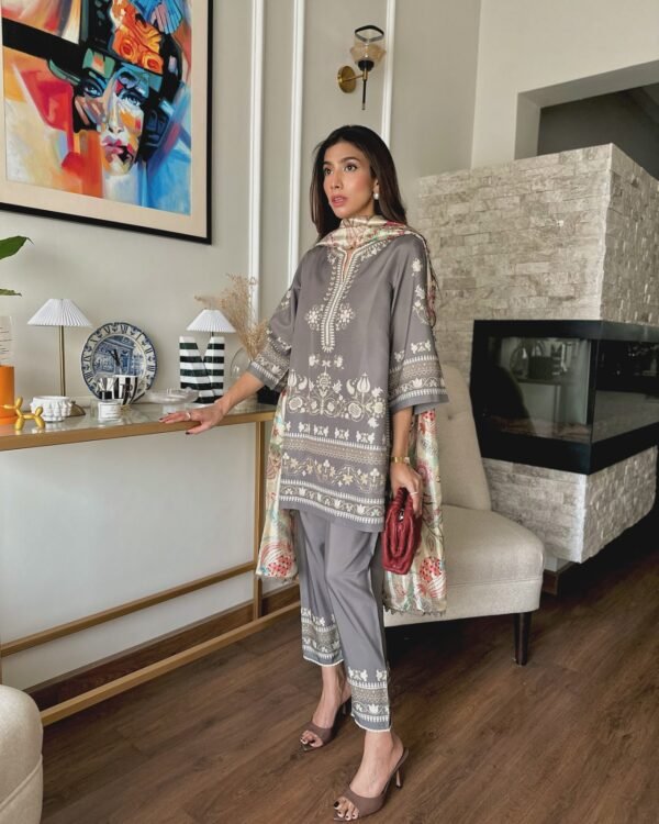 Elegant Embroidered Cotton Satin Co-ord Set with Mint Silk Scarf