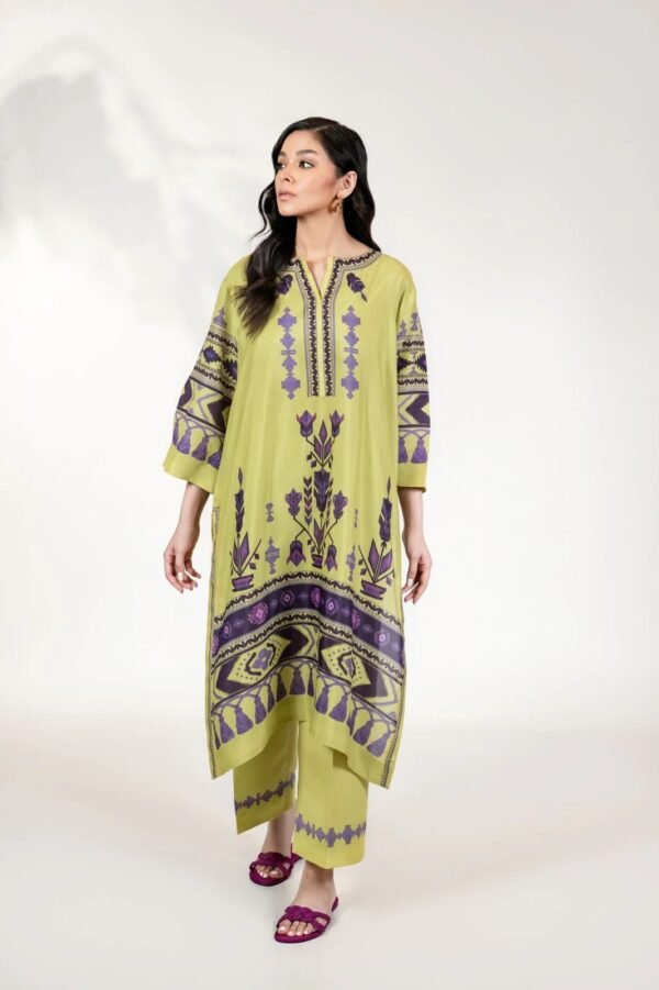 Lime Orchid Embroidered Cotton Satin Kurta Set