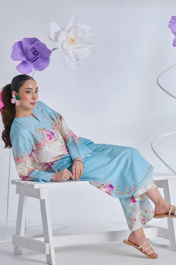 Pastel Bloom Muslin Kurta – Sky Blue Floral