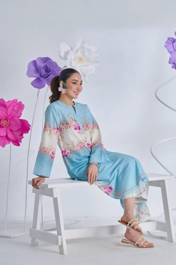 Pastel Bloom Muslin Kurta – Sky Blue Floral