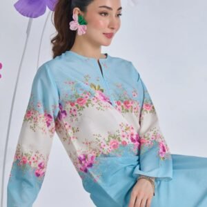 Pastel Bloom Muslin Kurta – Sky Blue Floral